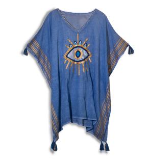 Colección Nómada Sari Mediterráneo - Kaftan - Diseño del Ojo Maligno en Azul Rico y Oro