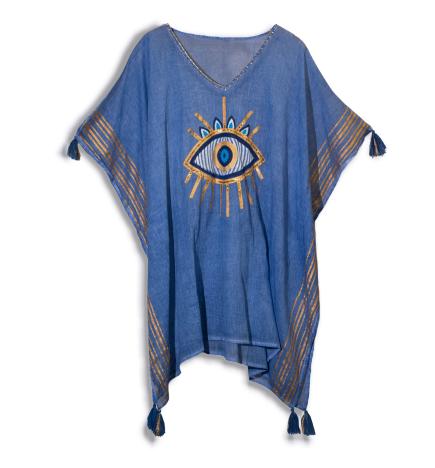 Colección Nómada Sari Mediterráneo - Kaftan - Diseño del Ojo Maligno en Azul Rico y Oro