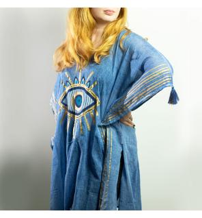 Colección Nómada Sari Mediterráneo - Kaftan - Diseño del Ojo Maligno en Azul Rico y Oro