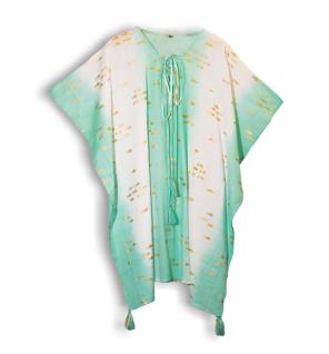 Colección Nómada Sari Mediterráneo - Kaftan - Diseño de Peces en Blanco, Turquesa y Oro
