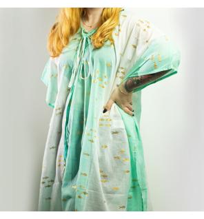 Colección Nómada Sari Mediterráneo - Kaftan - Diseño de Peces en Blanco, Turquesa y Oro
