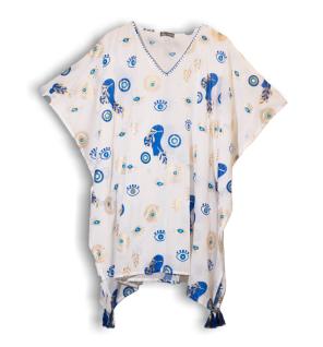 Colección Nómada Sari Mediterráneo - Kaftan - Diseño del Ojo Maligno en Blanco, Azul y Oro