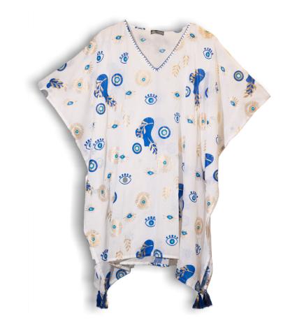 Colección Nómada Sari Mediterráneo - Kaftan - Diseño del Ojo Maligno en Blanco, Azul y Oro