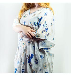 Colección Nómada Sari Mediterráneo - Kaftan - Diseño del Ojo Maligno en Blanco, Azul y Oro