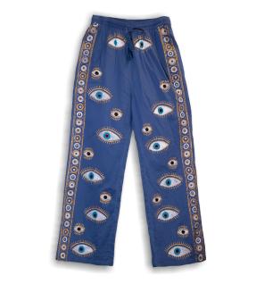 (ML) Colección Nómada Sari Mediterráneo - Pantalones - Diseño del Ojo Maligno en Azul Rico y Oro