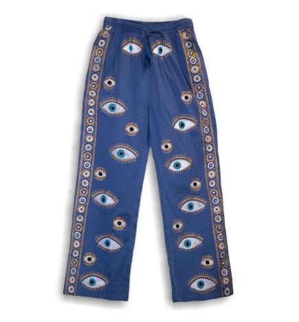 (ML) Colección Nómada Sari Mediterráneo - Pantalones - Diseño del Ojo Maligno en Azul Rico y Oro