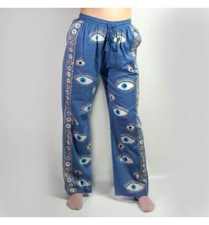 (ML) Colección Nómada Sari Mediterráneo - Pantalones - Diseño del Ojo Maligno en Azul Rico y Oro