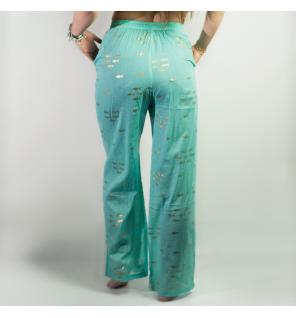 (ML) Colección Nómada Sari Mediterráneo - Pantalones - Diseño de Peces en Turquesa y Oro