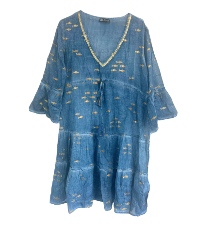 (ML) Colección Nomad Sari - Vestido - Diseño de pez azul marino y dorado