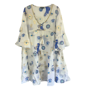 (ML) Colección Nomad Sari - Vestido - Diseño de mal de ojo blanco, azul y dorado