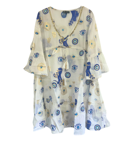 (ML) Colección Nomad Sari - Vestido - Diseño de mal de ojo blanco, azul y dorado