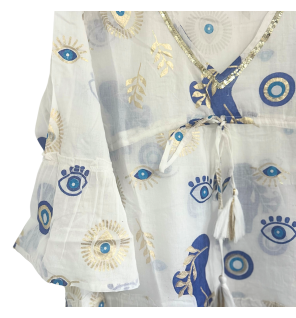 (ML) Colección Nomad Sari - Vestido - Diseño de mal de ojo blanco, azul y dorado
