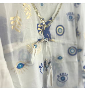 (ML) Colección Nomad Sari - Vestido - Diseño de mal de ojo blanco, azul y dorado