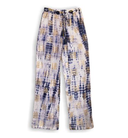 (LXL) Colección Nómada Sari Mediterráneo - Pantalones - Motivo Griego en Oro y Azul