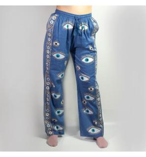 (LXL) Colección Nómada Sari Mediterráneo - Pantalones - Diseño del Ojo Maligno en Azul Rico y Oro