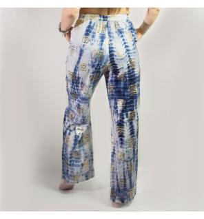 (LXL) Colección Nómada Sari Mediterráneo - Pantalones - Motivo Griego en Oro y Azul