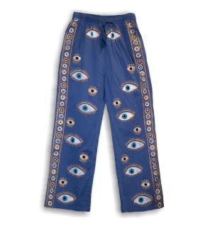 (LXL) Colección Nómada Sari Mediterráneo - Pantalones - Diseño del Ojo Maligno en Azul Rico y Oro