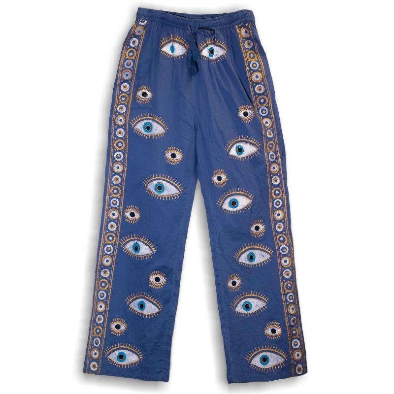 (LXL) Colección Nómada Sari Mediterráneo - Pantalones - Diseño del Ojo Maligno en Azul Rico y Oro