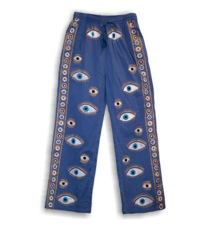 (LXL) Colección Nómada Sari Mediterráneo - Pantalones - Diseño del Ojo Maligno en Azul Rico y Oro