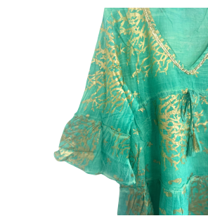 (LXL) Colección Nomad Sari - Vestido - Diseño en turquesa y coral dorado