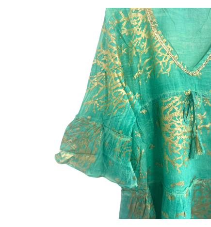 (LXL) Colección Nomad Sari - Vestido - Diseño en turquesa y coral dorado