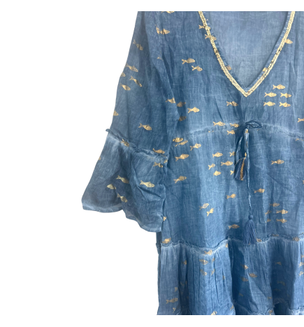 (LXL) Colección Nomad Sari - Vestido - Diseño de pez azul marino y dorado