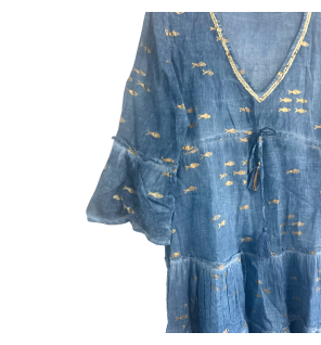 (LXL) Colección Nomad Sari - Vestido - Diseño de pez azul marino y dorado