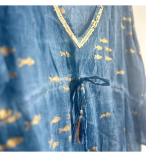 (LXL) Colección Nomad Sari - Vestido - Diseño de pez azul marino y dorado