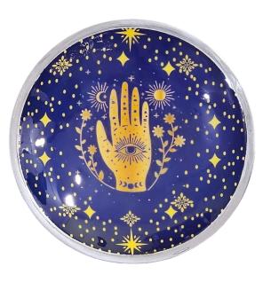 Plato de ofrenda esmaltado de tres patas - Hamsa azul medianoche