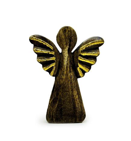 Ángel grande de madera de mango - Decoración dorada - 19 cm