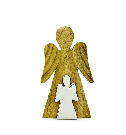 Ángel de madera de mango en ángel - Esmalte blanco - 15 cm