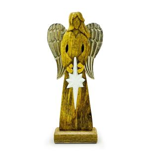 Ángel de la Paz grande de madera de mango con alas de metal y detalles esmaltados - 30 cm