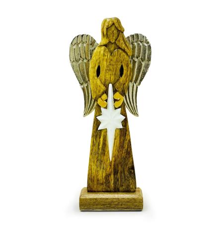 Ángel de la Paz grande de madera de mango con alas de metal y detalles esmaltados - 30 cm