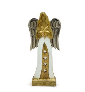 Ángel estrella grande de madera de mango con alas de metal y detalles esmaltados - 30 cm