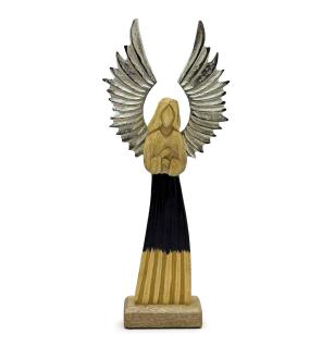 Ángel guardián grande de madera de mango con alas de metal y detalles esmaltados - 40 cm