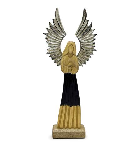 Ángel guardián grande de madera de mango con alas de metal y detalles esmaltados - 40 cm