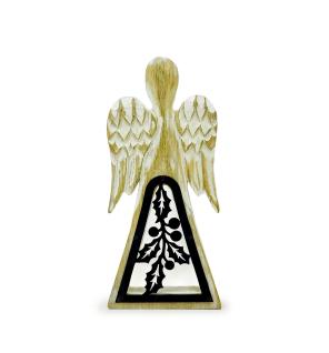 Ángel de madera de mango - Encalado con decoración de hierro recortado - 18 cm
