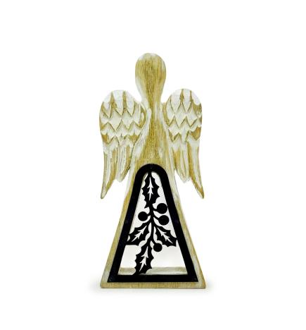 Ángel de madera de mango - Encalado con decoración de hierro recortado - 18 cm