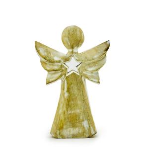 Ángel de Madera de Mango - Acabado Blanqueado con Estrella Calada - 18 cm