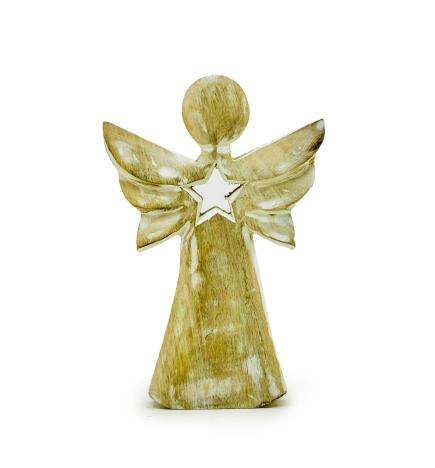 Ángel de Madera de Mango - Acabado Blanqueado con Estrella Calada - 18 cm