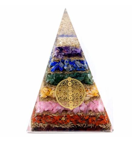Pirámide de Orgonita Lrg 70mm - Gemas Chakra - Flor de la Vida de los Siete Chakras- 70 mm