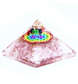 Pirámide de Orgonita Lrg 70mm - Gemas Chakra - Flor de la Vida del Arco Iris de Cuarzo Rosa - 70 mm