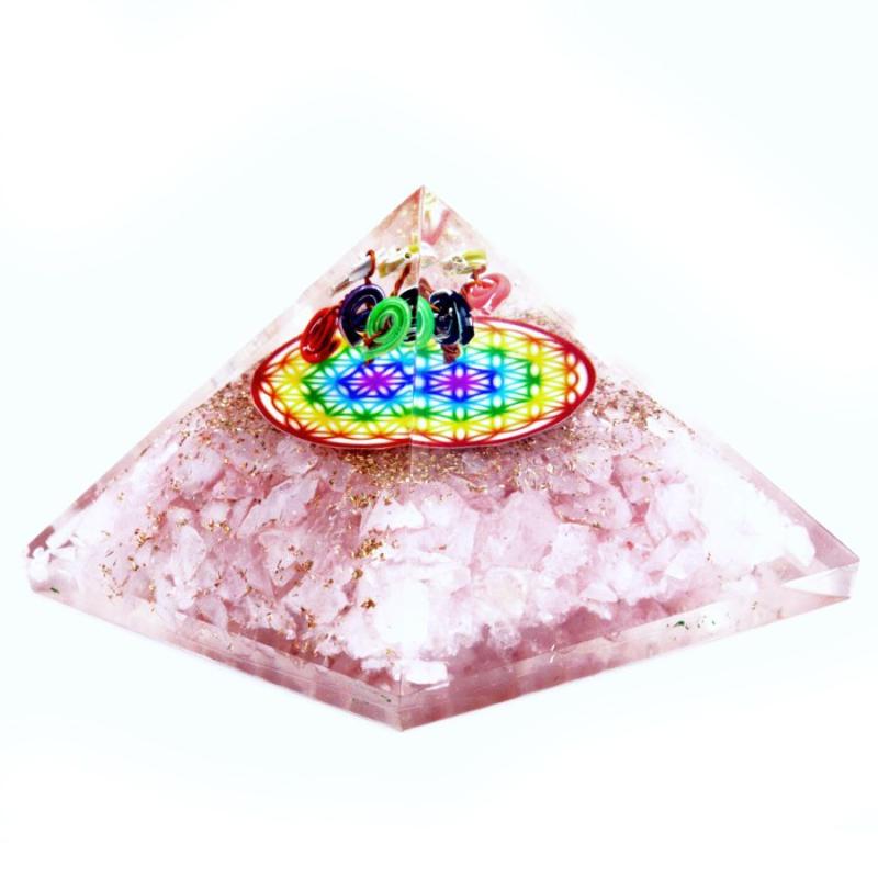 Pirámide de Orgonita Lrg 70mm - Gemas Chakra - Flor de la Vida del Arco Iris de Cuarzo Rosa - 70 mm
