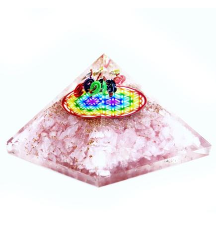 Pirámide de Orgonita Lrg 70mm - Gemas Chakra - Flor de la Vida del Arco Iris de Cuarzo Rosa - 70 mm