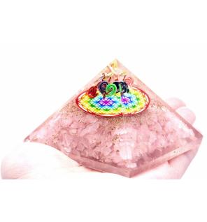 Pirámide de Orgonita Lrg 70mm - Gemas Chakra - Flor de la Vida del Arco Iris de Cuarzo Rosa - 70 mm