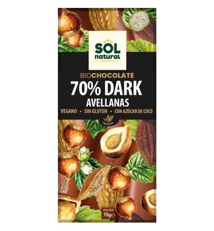 Tableta chocolate dark 70% y avellanas Bio 70g Sol Natural