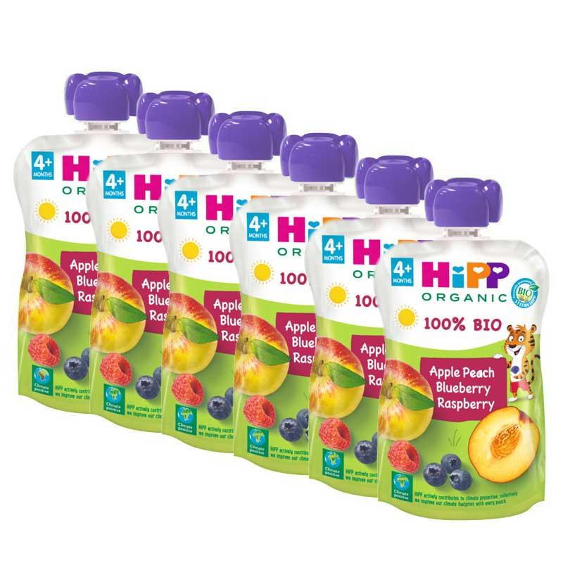 Pouches Melocoton, Manzana y Frutos del Bosque Bio 6x100g Hipp