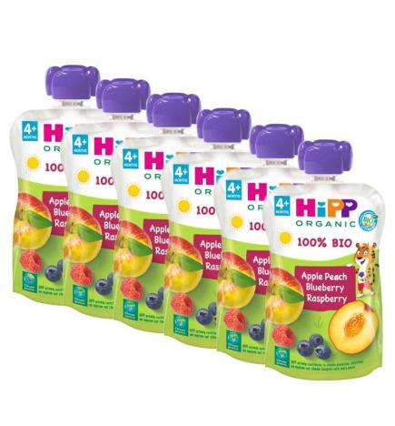 Pouches Melocoton, Manzana y Frutos del Bosque Bio 6x100g Hipp