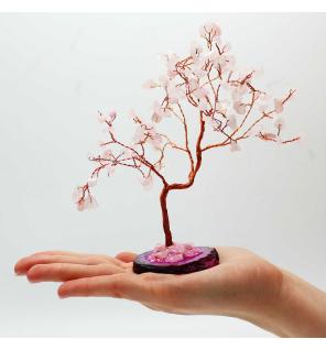 Árbol de piedras preciosas grande: Cuarzo rosa sobre base de ágata rosa (100 piedras)