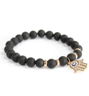 Hamsa / Ágata negra - Pulsera de piedras preciosas